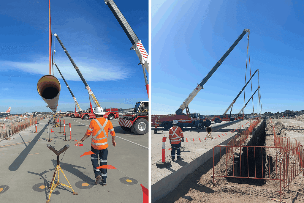 Crane lifting and pipe laying operations at airport infrastructure site