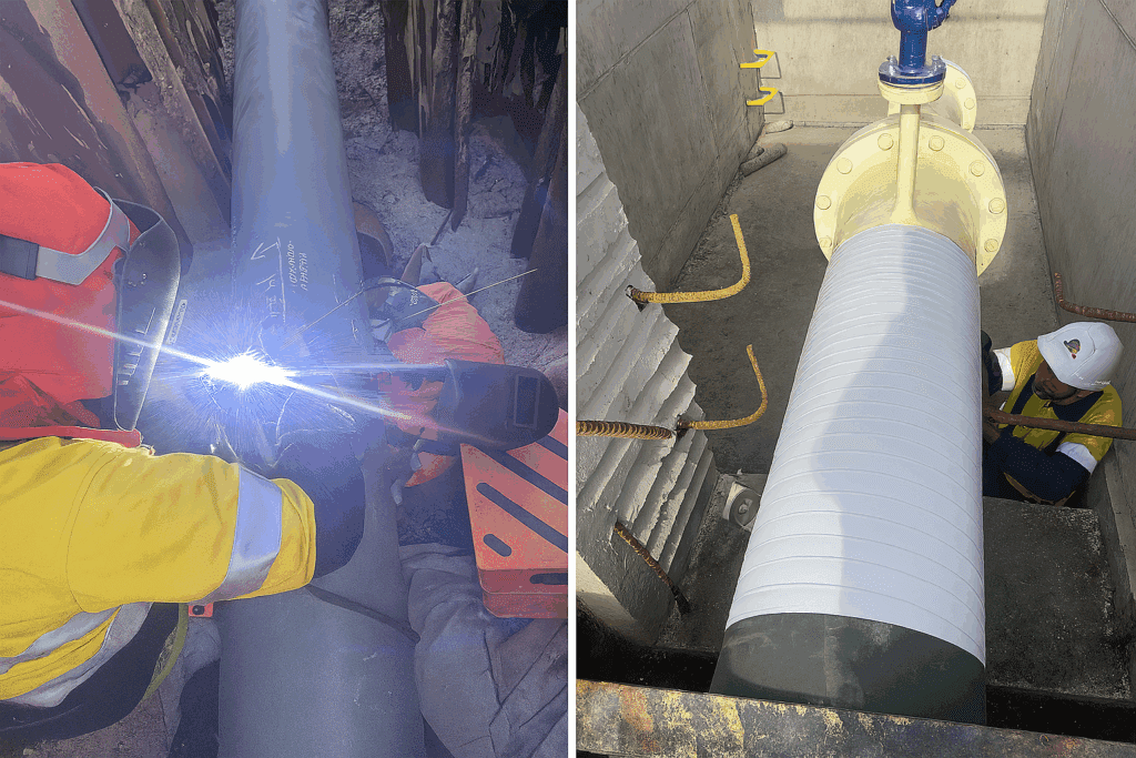 Pipeline welding and valve chamber installation in industrial project