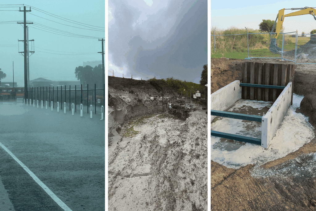 Three-part image showing heavy rainfall on road, erosion on a slope, and a civil construction site with water flow management.